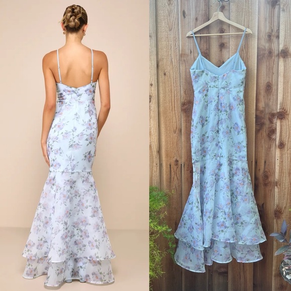 🌿 Periwinkle Light Blue Floral Organza Trumpet Ruffle Maxi Dress 🌿 - Picture 3 of 12